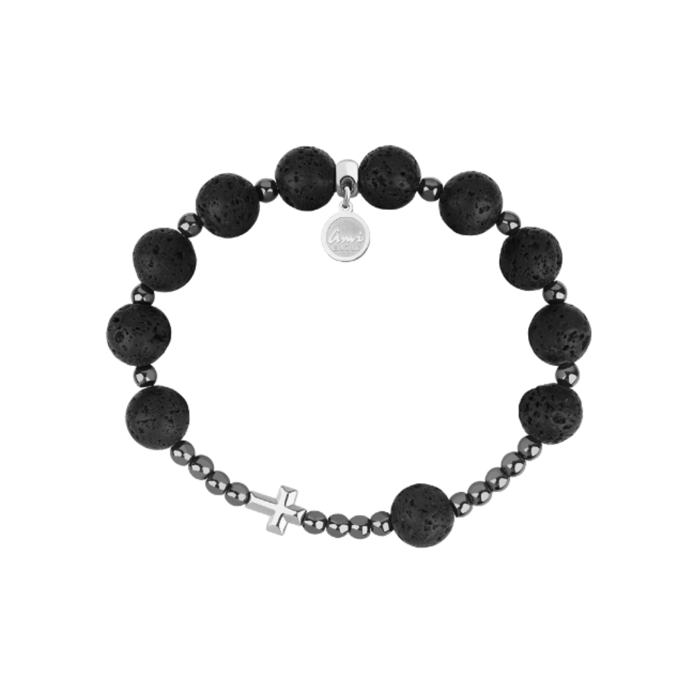 Męski różaniec z kamieni black stone z czarnym krzyżem