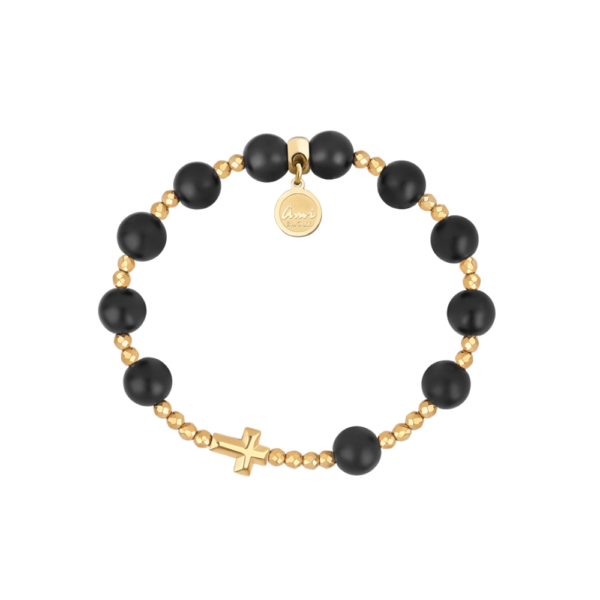 Różaniec na rękę z kamieni naturalnych black stone i złoty hematyt