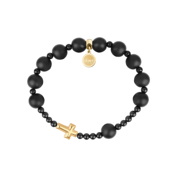 Męski różaniec z kamieni black stone ze złotym krzyżem