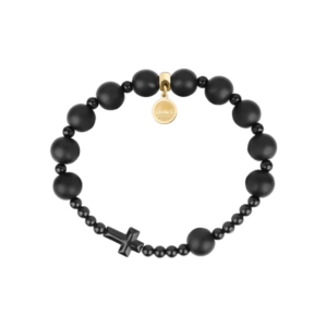 Męski różaniec z kamieni black stone z czarnym krzyżem